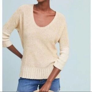 Anthropologie Moth Catamaran 3/4 Sleeve Ribbed Knit Pullover Cream Tan Small